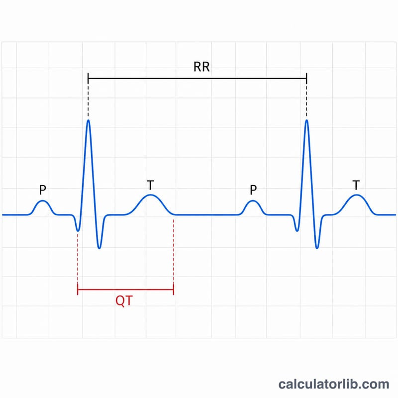 ECG ट्रेस जिसमें QT अंतराल और R शिखरों के बीच RR अंतराल दिखाया गया है