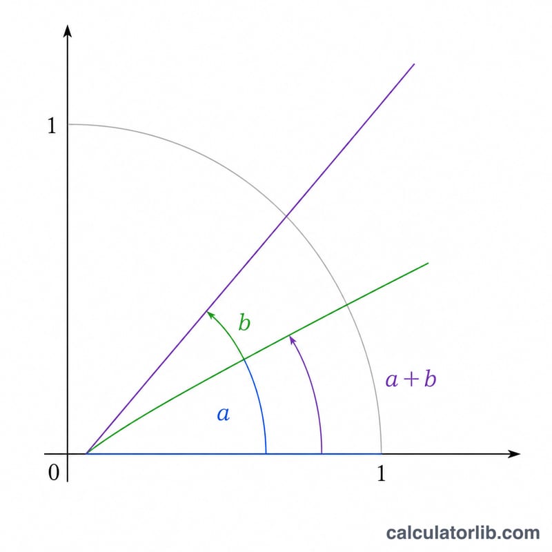 Diagram of two stacked angles a and b forming a combined angle a+b on a unit circle.