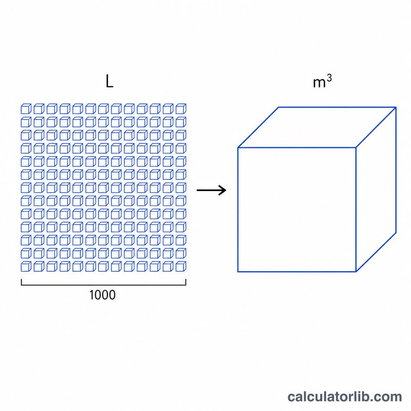Diagram showing 1000 liters filling one cubic meter