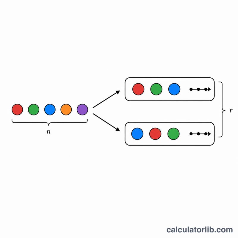 Disposiciones ordenadas de tres elementos de colores seleccionados de un conjunto mayor