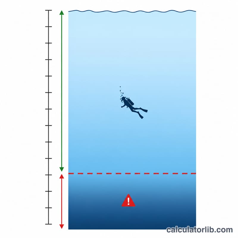 Diver in a water column with a horizontal red line marking the maximum safe depth below which oxygen toxicity risk rises