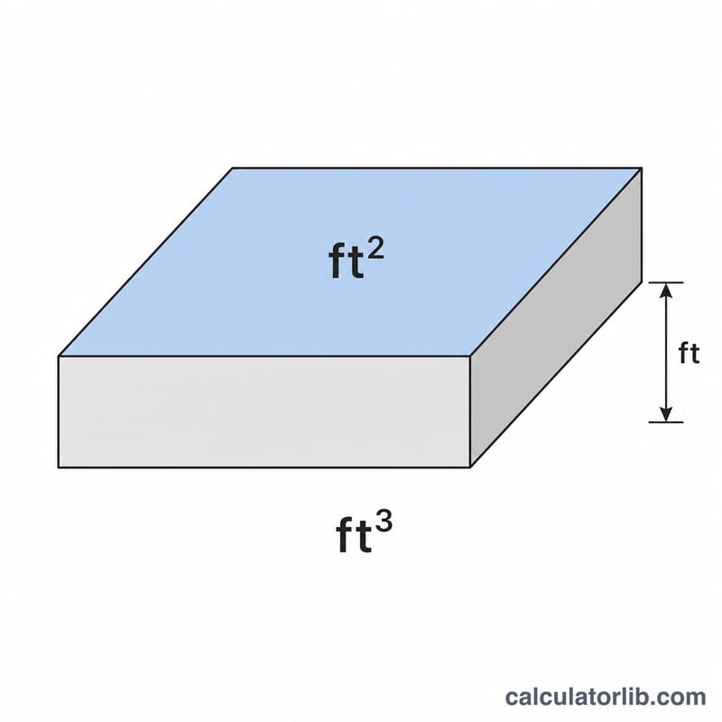 Isometric box showing floor area in square feet multiplied by depth in feet to give volume in cubic feet