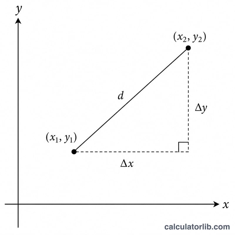 Two points on a coordinate plane connected by a straight line forming the hypotenuse of a right triangle, with horizontal and vertical legs labeled
