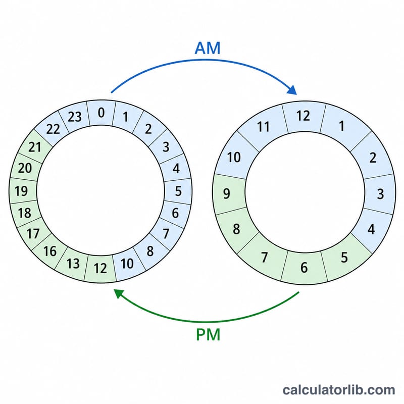 24-hour clock face aligned with a 12-hour AM/PM clock face