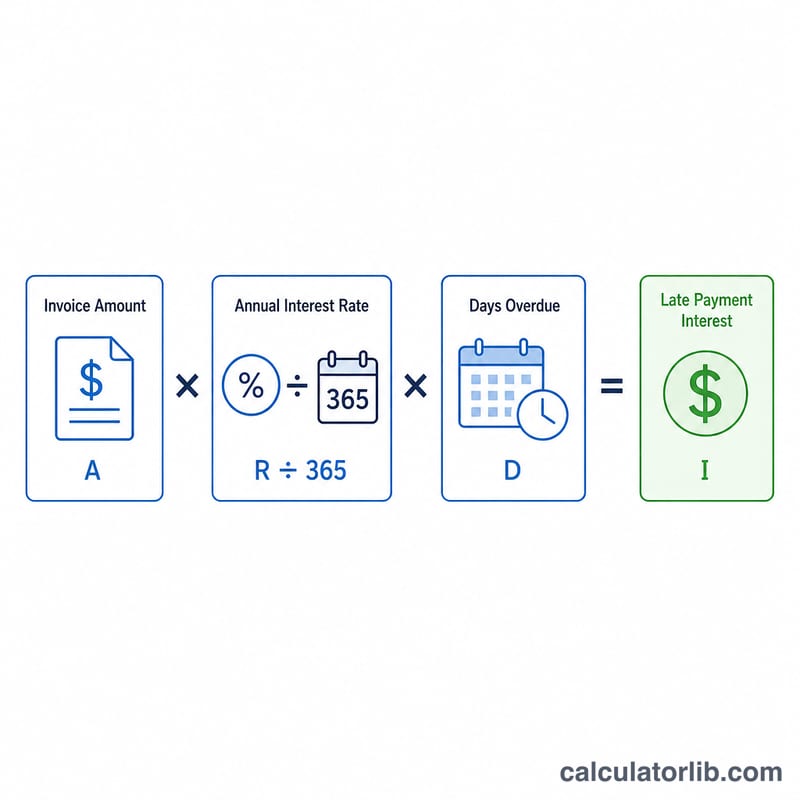 Diagram showing invoice amount times annual rate divided by 365 times days overdue equals interest