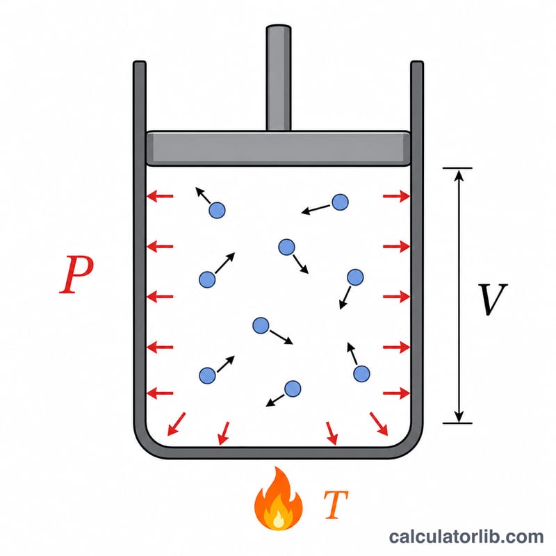 Cylinder of gas with particles, showing pressure, volume and temperature