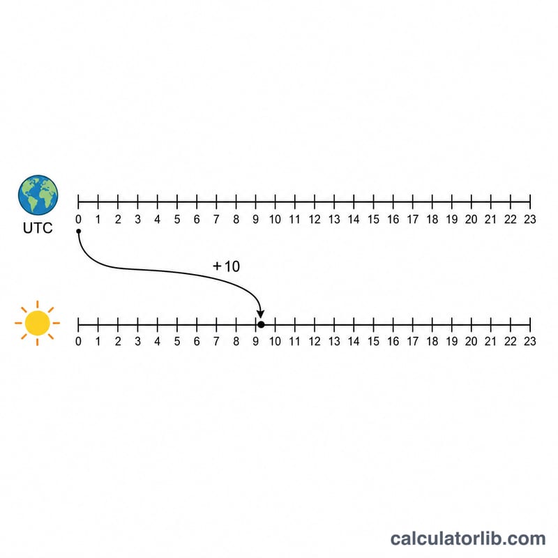 Diagram showing AEST timeline shifted 10 hours ahead of UTC