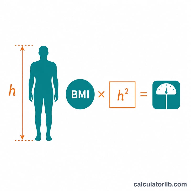 Diagram showing weight equals BMI times height squared in meters