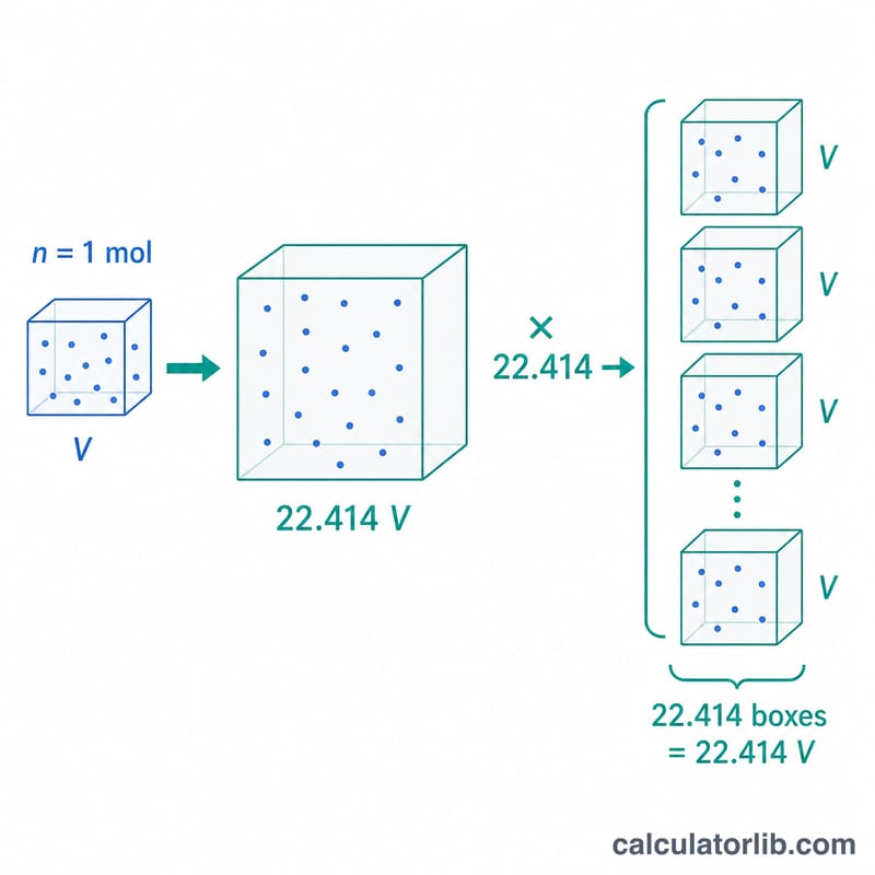 Diagram showing moles multiplied by molar volume to give total gas volume