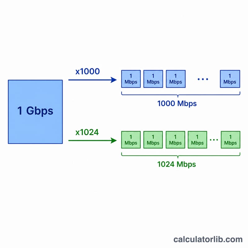 Diagram showing 1 Gbps equals 1000 Mbps in decimal base and 1024 in binary base