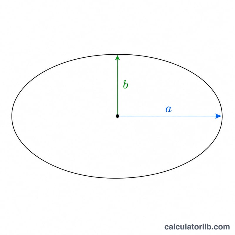 Ellipse showing semi-major axis a and semi-minor axis b from the center