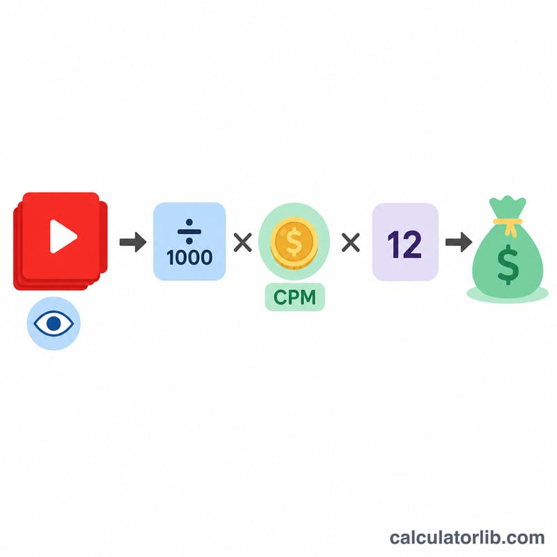 Diagramme de flux : vues mensuelles divisées par 1000, fois CPM, fois 12 jusqu'au revenu annuel