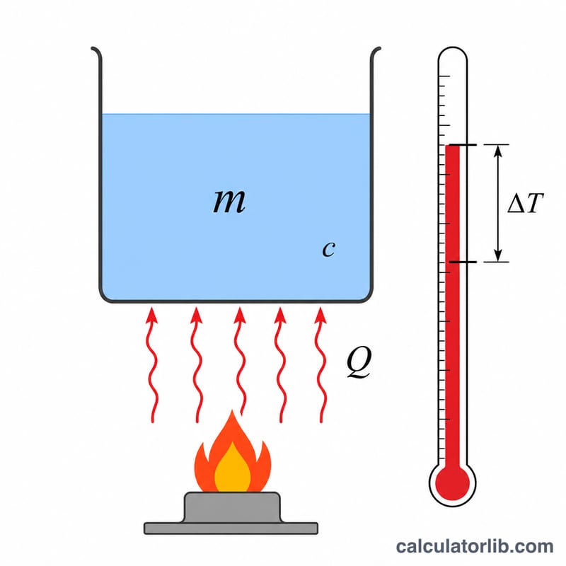 Diagram showing heat Q raising the temperature of a mass m of fluid with specific heat c, with temperature change delta T