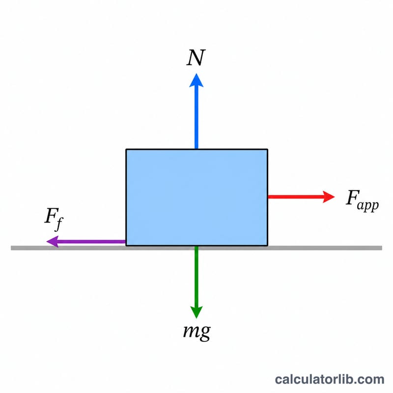 Block on a surface showing normal force, applied force, and friction force directions