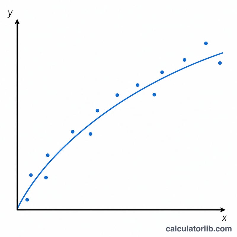Curved power-law trend line fitted through scattered data points on x-y axes