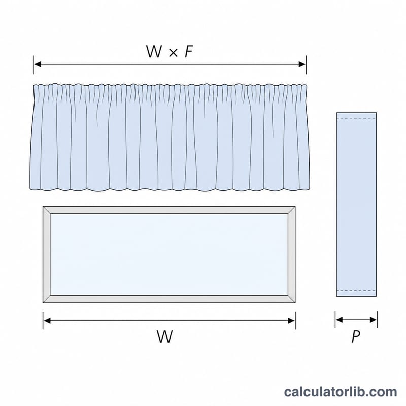 Diagram showing window width, fullness ratio gathering of fabric, and a single panel width