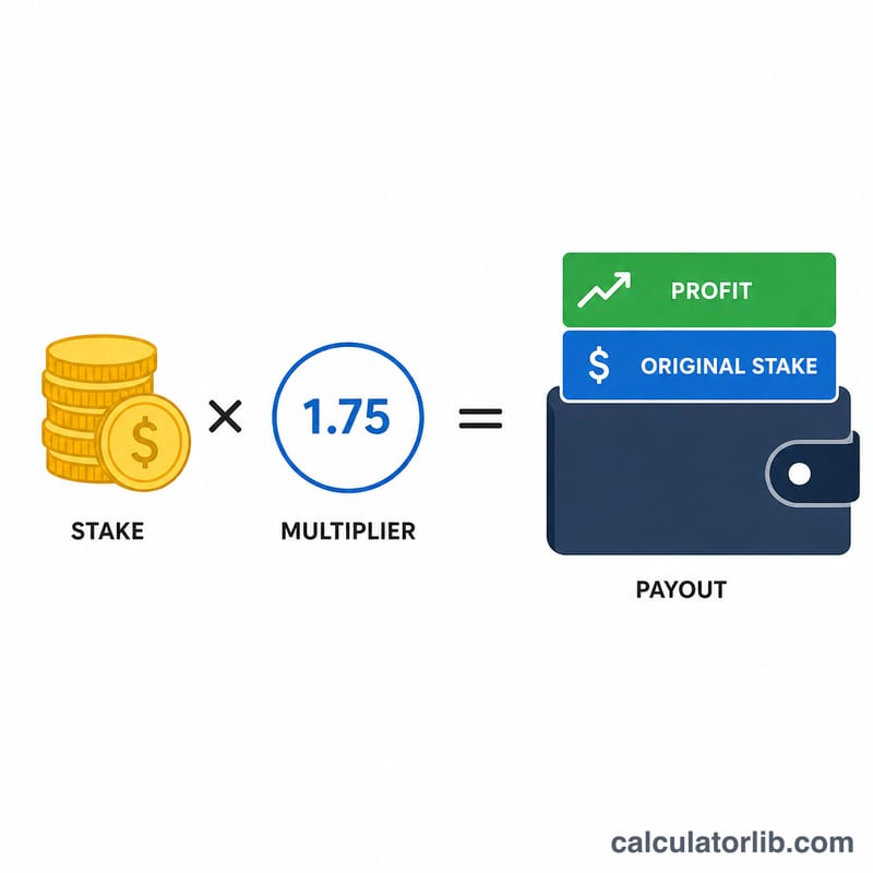 Diagram showing stake multiplied by decimal odds equals payout, split into stake and profit