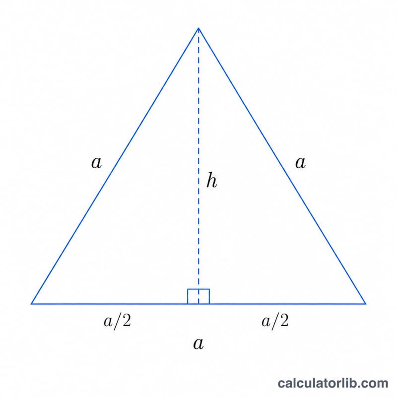Equilateral triangle with side a and height h drawn from apex to the midpoint of the base