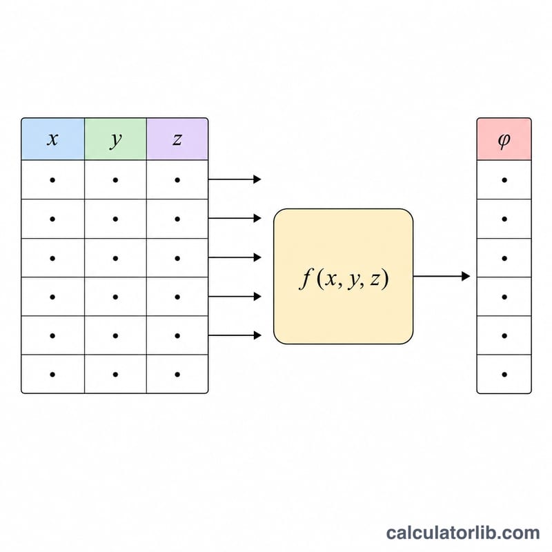 A three-column data table feeding into a function box that outputs a results column