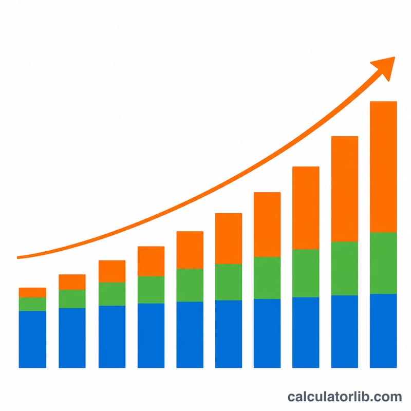 Bar chart showing a 401k balance growing over years with stacked layers for contributions, employer match, and investment growth