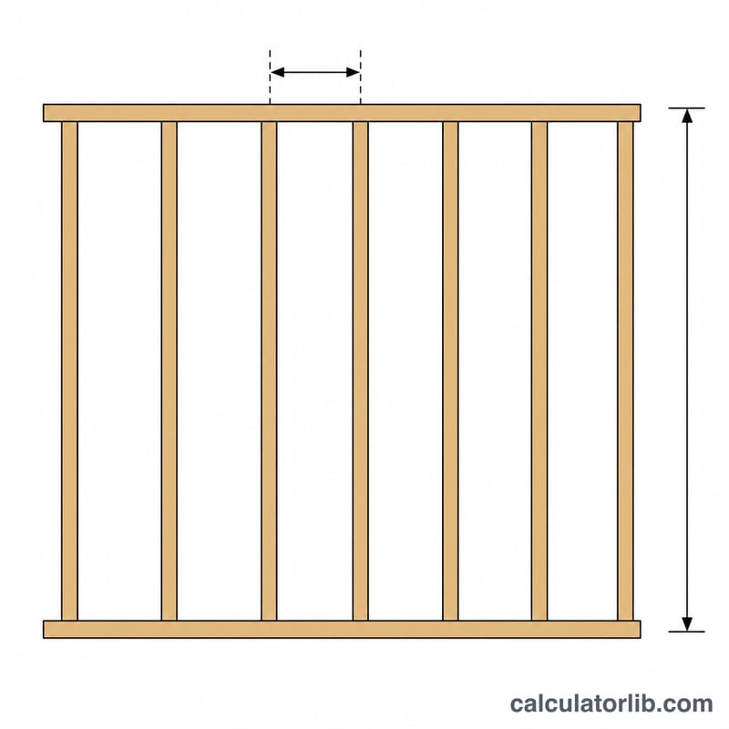 Front view of a wall frame showing evenly spaced vertical studs between a top and bottom plate, with on-center spacing marked