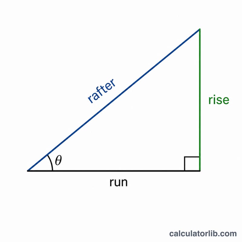 Right triangle diagram showing roof rise, run, and rafter as the hypotenuse with pitch angle.