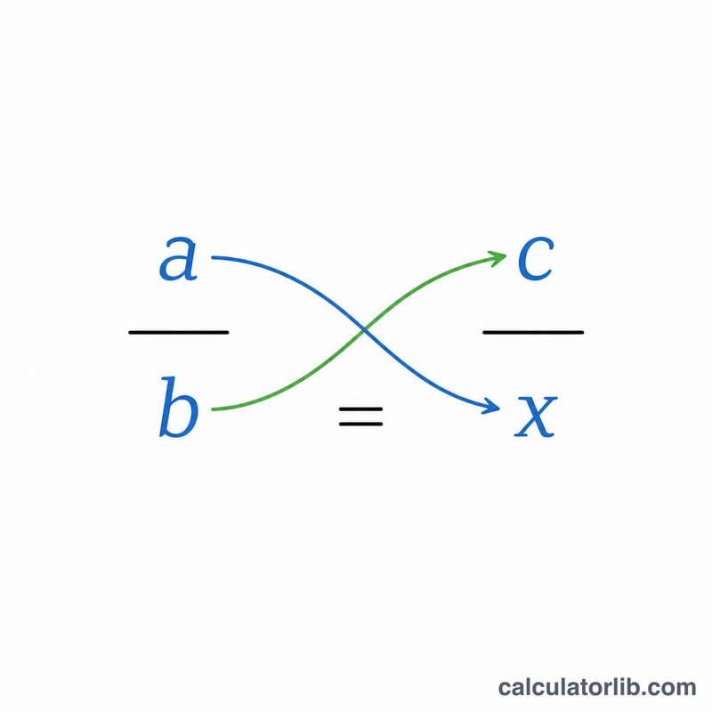 等しい2つの分数 a/b と c/x で、分子と分母の間を対角線の矢印が交差している図