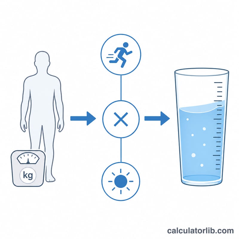 Diagram showing weight times base factor adjusted by activity and climate multipliers feeding into a glass of water