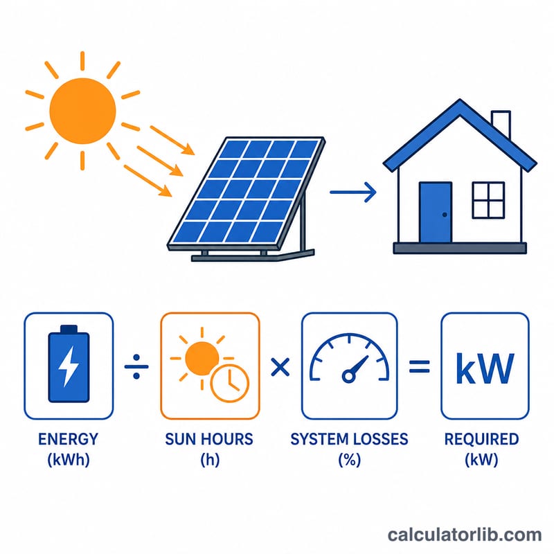 太陽能從太陽到太陽能板再到房屋的流動示意圖，附系統規模公式