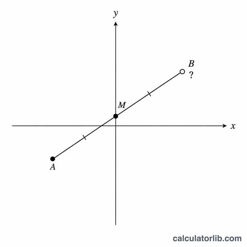 Coordinate plane showing known endpoint A, midpoint M, and unknown endpoint B on a line segment