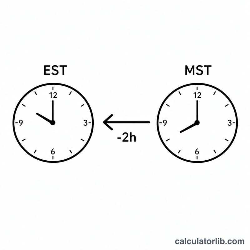 Diagram showing EST clock 2 hours ahead of MST clock