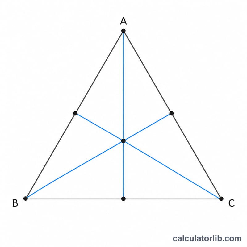 Triangle with three medians drawn from each vertex to the midpoint of the opposite side, meeting at the centroid