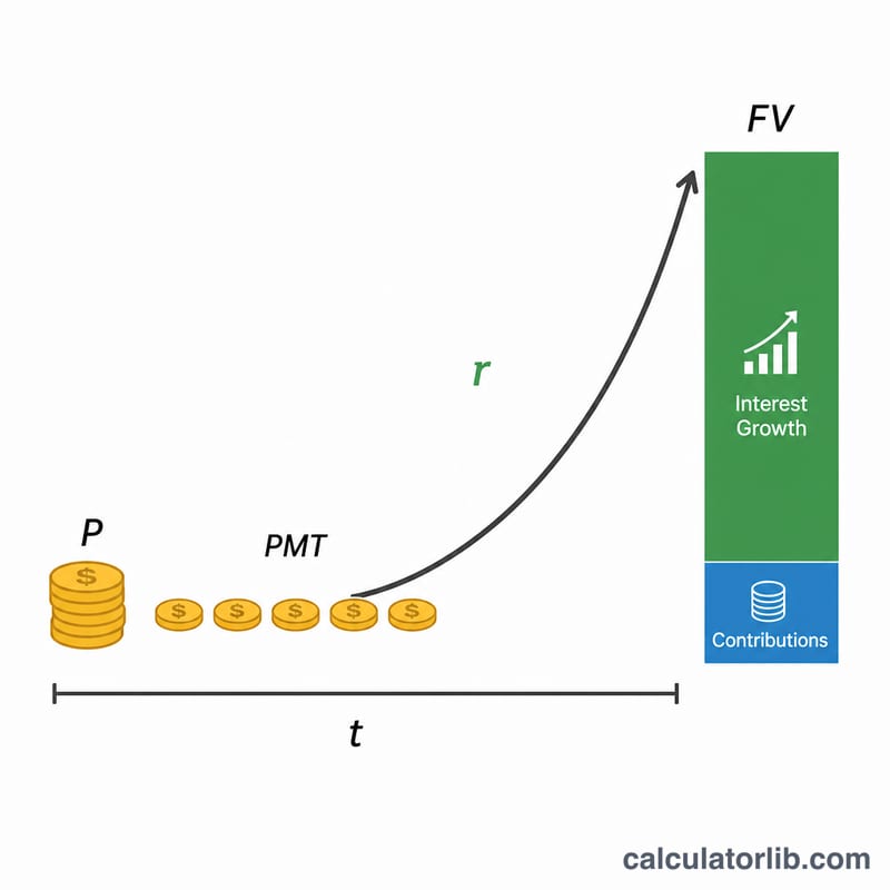 Diagram showing initial principal and monthly contributions growing through compound interest into a larger future balance