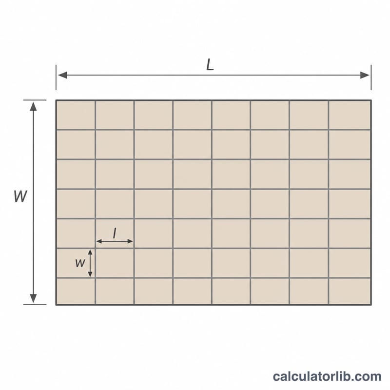 Top-down view of a patio filled with a grid of rectangular pavers showing patio and paver dimensions