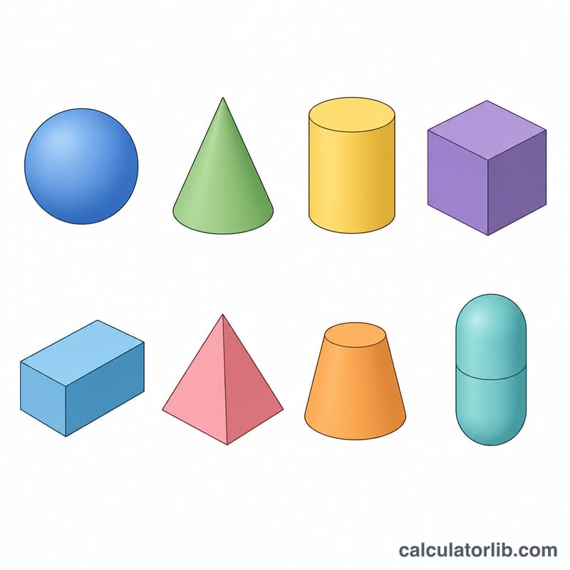 Set of common 3D solids: sphere, cone, cylinder, cube, rectangular box, square pyramid, frustum and capsule
