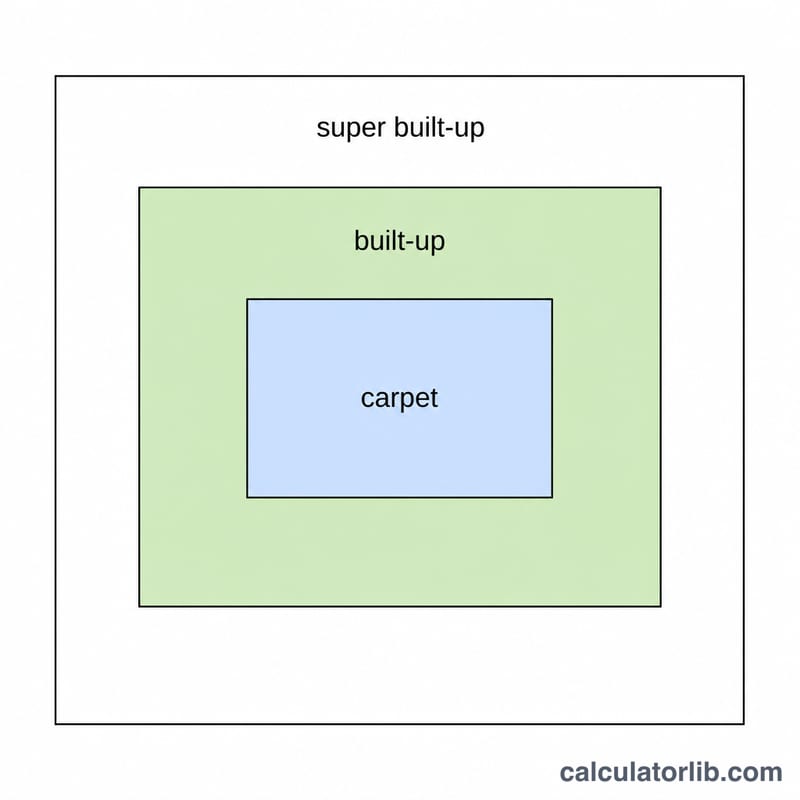 Concentric area diagram showing carpet area inside built-up area inside super built-up area