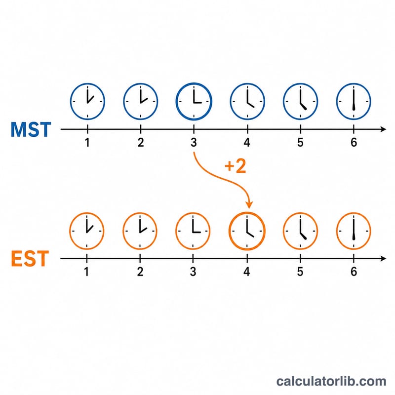 Diagram showing EST clock is 2 hours ahead of MST clock