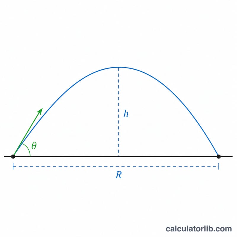 Projectile trajectory arc showing launch angle theta, apex height h, and horizontal range R