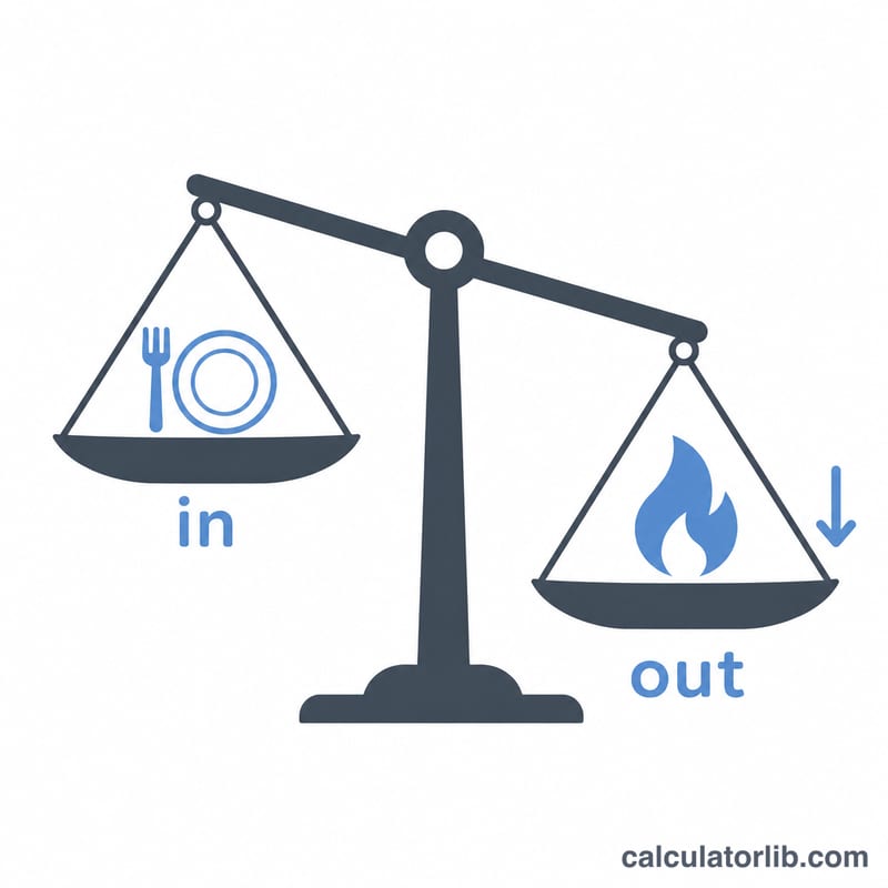Balance scale comparing calories eaten versus calories burned with a downward arrow