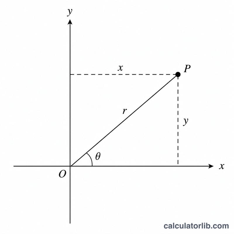 Point shown with rectangular and polar coordinates on a plane