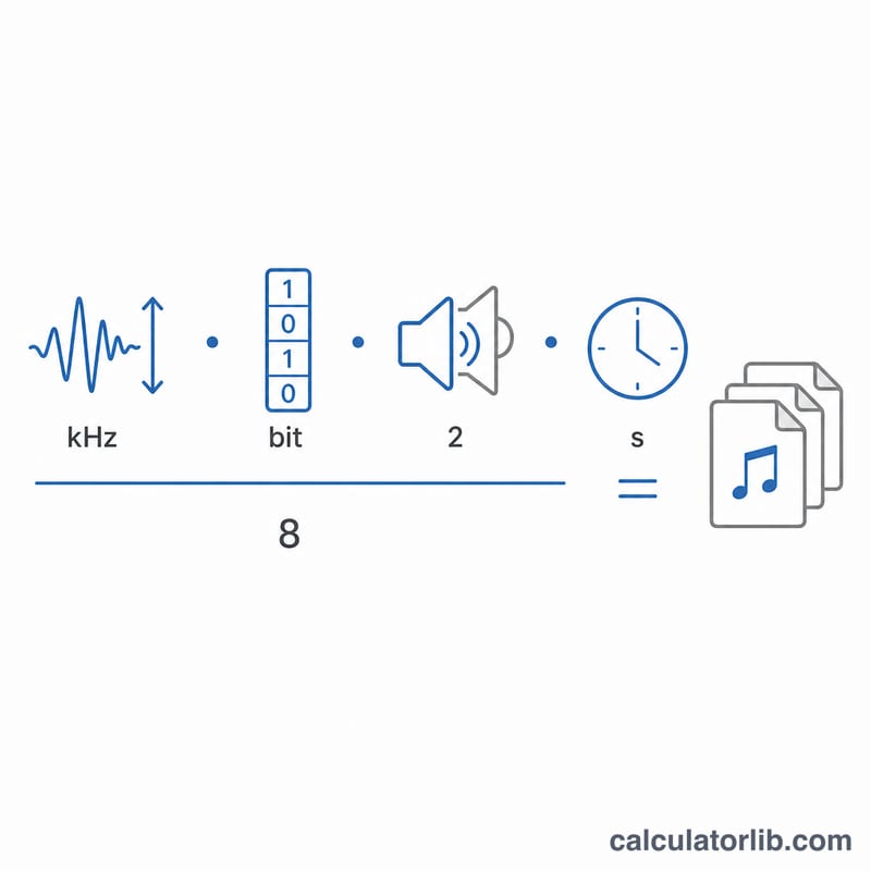 Diagram showing four input factors multiplying then dividing by eight to give audio file size