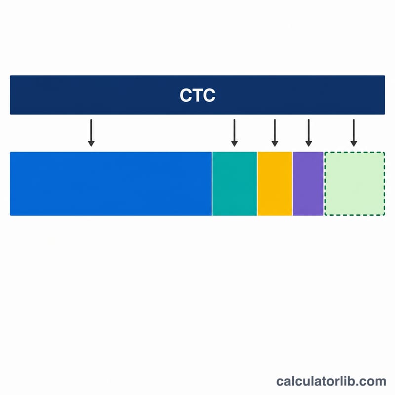 Stacked bar showing CTC breaking down into PF, gratuity, deductions and in-hand salary