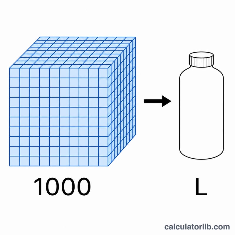 Diagram showing 1000 cubic centimeters equal to one liter