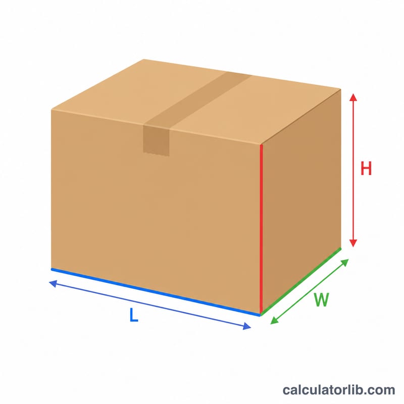 A shipping box with length, width and height edges labeled L, W and H