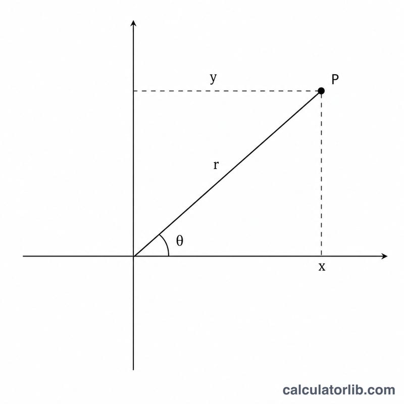 Diagram showing a point on a 2D plane with Cartesian coordinates x and y and polar coordinates r and theta