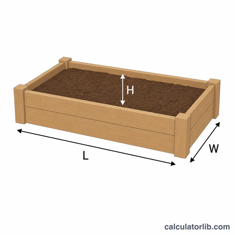Rectangular raised garden bed showing length, width, and depth dimensions