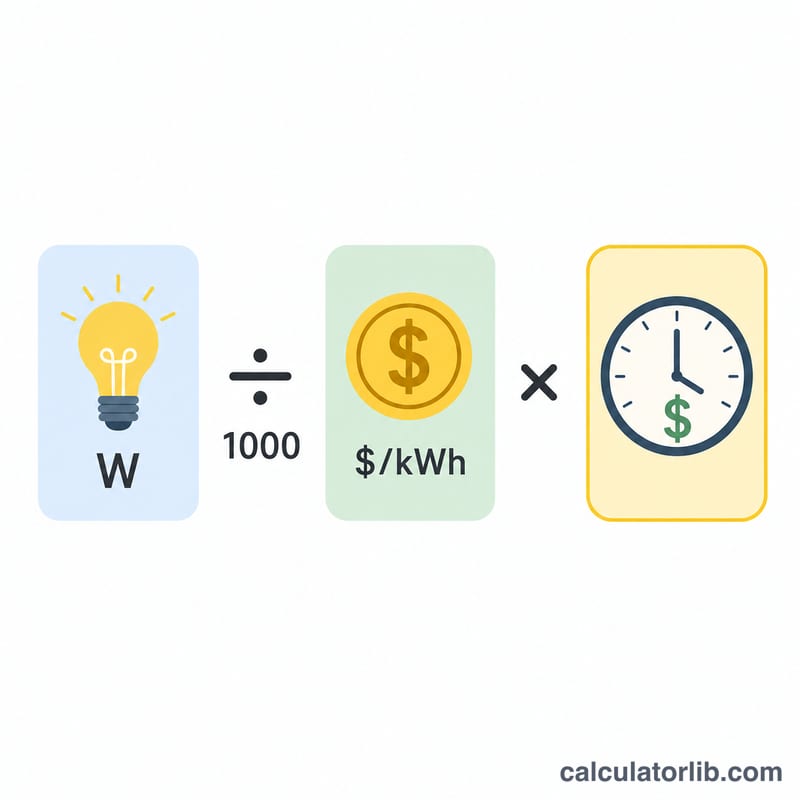 Diagram of power divided by 1000 multiplied by rate equals cost per hour