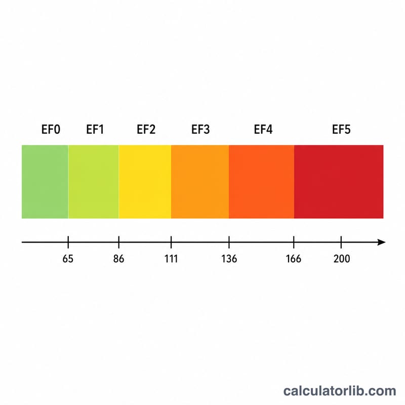 Horizontal bar showing six Enhanced Fujita categories from EF0 to EF5 along a wind-speed axis