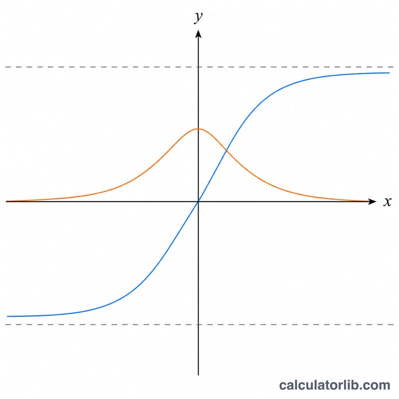 Two overlaid curves on x-y axes: an S-shaped curve flattening toward horizontal asymptotes and a bell-shaped curve peaking at the center