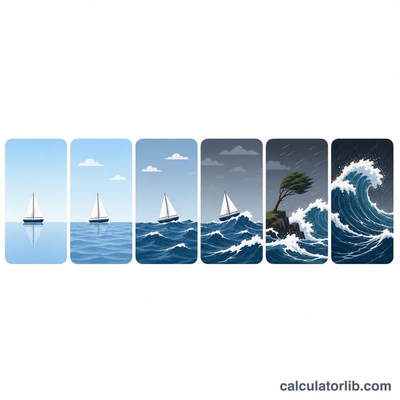 Chart of Beaufort force levels from calm sea to hurricane with rising waves
